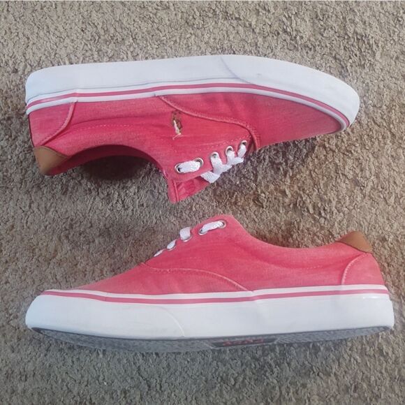 Polo Ralph Lauren Thorton Washed Twill/Leather Red Sneakers Mens SZ 8 PRE-OWNED - Picture 3 of 6